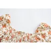Zomer retro vierkante kraag korte shirt lange mouwen vrouwelijke franse elegante bloemen print blouse elastische mode chique 210508