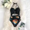 Seaselfie Black Floral Print Halter Swimsuit Kobiety Sexy Wycinanka Lace Up Beachwear Suit Summer Swimwear 210712