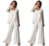 New Fashion Cheap Elegant Chiffon Plus Size Three-Piece Tiered Ruffled Women's Long Sleeve Formal Evening Mother Pant Suits