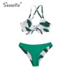 Seaselfie sexig grönt bladtryck Bowknot bikini sätter baddräkt reversibel botten två bitar badkläder kvinnor strand baddräkt 210630