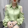 Ezgaga Elegant Blouse Women Puff Sleeve Turn-Down Collar Korean All-Match Solid Slim Off Shoulder Fashion Female Shirts Sexy 210430