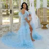 Ljusblå Ruffles Maternity Sleepwear Dress för Photoshoot Chic Kimono Gravid Party Kvinnor Badrock Sheer Nightgown Robe