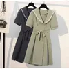 Women Elegant ArmyGreen Bow Belt Sashes Sailor Collar Double Breasted Slim Short Sleeve Dress D3046 210514