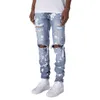 2020 Nya trendiga herrarna Slim Fit Jeans White Paint Dot Ripped Mid-midjig Stretch Feet Hole Ripped Denim Long Pants X0621