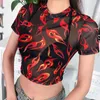 Kobiety T-shirt Sexy Letni Letni Krótki Rękaw Crew Neck Sheer Mesh See-przez przezroczysty Anioł Płomień Print Top Slim Odzież 210522