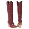 Женские западные ковбойские сапоги высокие каблуки коленные высокие ботинки заостренные носки дамы мотоцикл для женщин зимняя обувь WSH34581