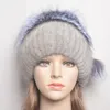 Moda Prata Fox Hat Mulheres Inverno Quente Malha Real Mink Pele Caps Vertical Tecelagem Com No topo