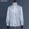 Floral Sequin Shirt Men Silk Satin Smooth Men Dress Shirts Prom Disco Stage Chorus Men Långärmad Splice Glitter Mens Kläder 210524