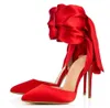 Newest Fashion Pointed Toe Satin Stiletto Heel Bowtie Pumps Red Rose Black Ankle Wrap High Heels Wedding Dress Shoes