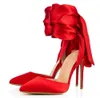 Fashionspunkte Satin neueste Zehen Stiletto Ferse Bowtie Pumps Rot Rose Schwarze Knöchel Wrap High Heels Hochzeitsschuhe s s s