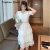 Verano blanco malla bordado vestido mujer manga corta con cuello en v patchwork mid vestidos femenino casual fiesta vestido 210603