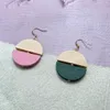 Korean Personality Semi-circular Wood Stitching Contrasting Color Dangle Earrings for Women Temperament Round Earring Female Jewelry