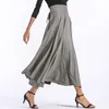 Colorfaith Women Slit Long Maxi Skirt Vintage Ladies Fashion Pleated Flared Pockets Lace Up Bow Plus Size 4XL Skirt SK8831 210724