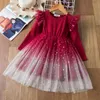 Girl's Dresses Girls Winter For Kids Long Sleeve Sequin Mesh Tulle Tutu Clothes Children Christmas Elegant Wedding Party Red Costume