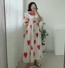 Korejpaa Abito da donna Estate Retro Pizzo all'uncinetto Grande risvolto Colore a contrasto Cuciture Allentato Amore Stampato Manica a sbuffo Abiti 210526