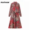 AACHOAE BOHO Çiçek Elbise Sonbahar Bahar Uzun Kollu Vintage Gömlek Elbise Bandaj Ofis Midi Elbise Kadın Vestidos Mujer 210413