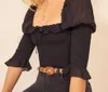 Vintage France Black Crop Shirt Women Sexy Wood ears Square Neck Elastic Ruched Body Slim Fit Blouse Half Flare Tops 210429
