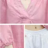 Pamuk Keten İki Parçalı Setleri Kıyafetler Kadın Artı Boyutu Bahar Sonbahar V Yaka Tops ve Pantolon Suits Casual Kore Vintage 2 210513