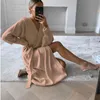 Örme Wrap Kazak Kadın Rahat Uzun Maxi Robe Sonbahar Kış Ofis Bayan Zarif Kanat Elbise 210415