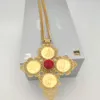 Big Coin Cross Pendants NECKLACE 22K GOLD 18ct THAI BAHT G/F CUBAN DOUBLE CURB CHAIN SOLID HEAVY Jewelry RED CZ