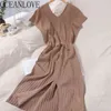 V Pescoço Escritório Senhoras Mulheres vestidos de malha lace up primavera vestido de verão sólido coreano elegante vestidos moda 210415