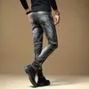 Américain Streetwear Mode Hommes Jeans Rétro Noir Gris Élastique Slim Fit Peint Designer Pantalon Poches Patch Hip Hop Pantalon