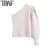 TRAF Moda Donna Asimmetrico Maglione a Trecce Vintage Girocollo Manica Lanterna Pullover Donna Chic Top 210415