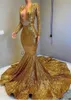 Sexy Deep V Neck Gold Mermaid Dress Prom Dress 2022 Abiti da sera a maniche lunghe a maniche lunghe Abiti da sera formale da sera celebrità Abiti da festa celebrità