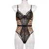 Omsj est sexy corpo feminino macacão moda bodysuits negros para mulheres Leopard Imprimir Phone Out Patchwork Lace Playsuits 210517