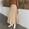 Winter Thickened Rib Knitted Large Swing Maxi Long Skirts Elegant Solid A-line Pleated Ankle Length Knit Coffree Beige 220224