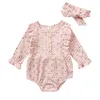 Baby Ribbed Rompers Headbands Sets Autumn Long Sleeve Floral Romper Toddler Ruffed Jumpsuits Boutique Clothing M3800