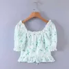 Summer Vintage Fresh Print Short Ruffle Puff Sleeve Top French Pastoral Style Lace-Up Short-Sleeve Shirt Women 210508