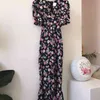 Coréen Vintage Floral Imprimé En Mousseline De Soie Femmes Longue Maxi Robe À Manches Courtes Col En V Élégant Fractionnement Robes Vestidos D'été 210513