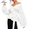 Xnxee casual blusa branca mulher camisa de ombro aberto com manga lanterna de cinto v neck moda roupas 2021 escritório streetwear mulheres blusa