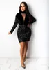 Women's Fall Dress Wrapped Midi Lange mouw Ronde hals Meisje Tummy Control Lovertjes View-through Mesh Dinner Party Club Clothes Casual Jurken