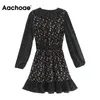 Aachoae Chic Floral Et Dot Imprimer Patchwork Mini Robe Femmes Vintage À Manches Longues Volants Robe Dames Une Ligne Robes De Soirée 210413