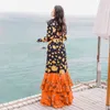 Mulheres de outono manga comprida v-pescoço cruz ruffles fishtail maxi vestido boêmio flor impressão primavera vestidos 210510
