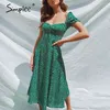 Bohemian Floral Print Summer Women Short Lantern Sleeve Split Kvinna Midi Dress High Waist Ladies Holiday Dresses 210414