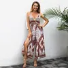 Kant gesplitst Backless Strap Jumpsuits Dames Boho Strand Slit Lange Broek V-hals Overleeg Floral Print Bohemian Jumpsuits 210415