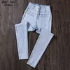 Plus storlek hög midja knapp upp vit blå skinny cut jeans sammet 5xl streetwear super stretch bodycon casual denim varm fleece 211129