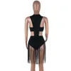 Waist Band Cut Out Tassels Sexy Beach Bodysuit Women Open Back Bandage Short Jumpsuit Summer V Neck Neon Green Bodycon Playsuit 210715