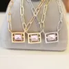 Europe America Fashion Style Necklaces Lady Women Brass Square Pink Green Crystal Engraved T Letter Pendant 18K Plated Gold Chain 248A