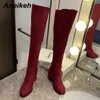 부츠 Aneikeh 겨울 로마 플록 둥근 발가락 오버 니 2021 패션 현대 두꺼운 발 뒤꿈치 여자 신발 바느질 솔리드 파티 슬립 온