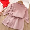 Crianças Bebé Roupa Conjuntos Quente Pullover Camisola Primavera Outono Meninas Bowknot Bonito Cor Sólida Malhas De Cor + Saia Conjunto de 2 Piece