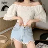 Summer Tops and Blouse Daisy Sexy Off Shoulder Lantern Sleeve Chiffon Women White Black Chemisier Femme 9933 210427