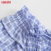 Tangada Women Retro Blue Palid Pleated Off Shoulder Blouse Shirt Puff Long Sleeve Chic Female Shirt Tops 3H454 210609