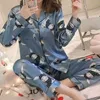 Feder Silk Satin Pyjamas Set Frau Gedruckt Langarm Sleepwear Pijamas Anzug Weibliche Schlaf Zweiteilige Lounewear Plus Größe 210622