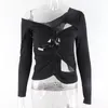 Women's T-Shirt Chic Fashion Sexy Backless Cut-Out Women Tops T-Shirts Skew Collar Slim Long Sleeve Bandage Black Tees Summer