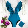 Skriv ut badkläder djupa v-hals ruffle baddräkt push up beach wear backless monokini 210611