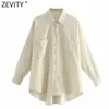 Zevity Women Fashion Pockets Patch Casual Loose Corduroy Blouse Office Lady Irregular Shirts Chic Chemise Blusas Tops LS7394 210603